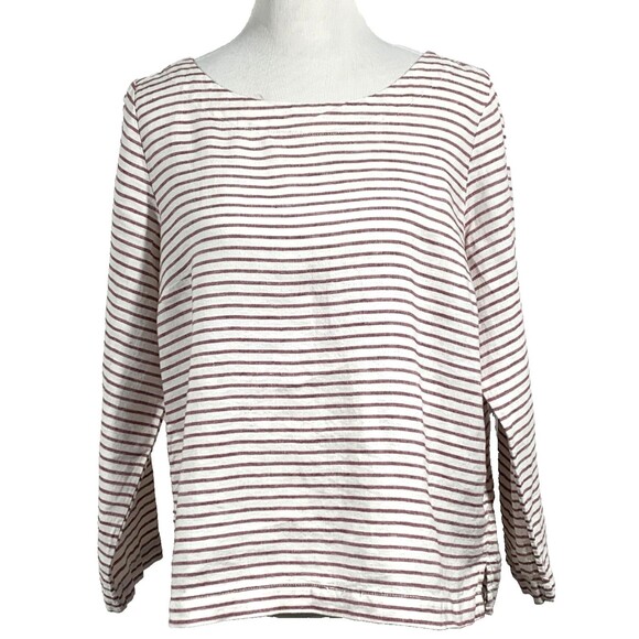 Artisan Tops - Artisan NY 100% Linen Top Womens L Burgundy White Striped Long Sleeve Boat Neck